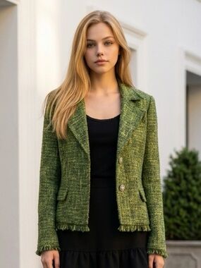Tribal Green Tweed Fringe-Trim Blazer Jacket